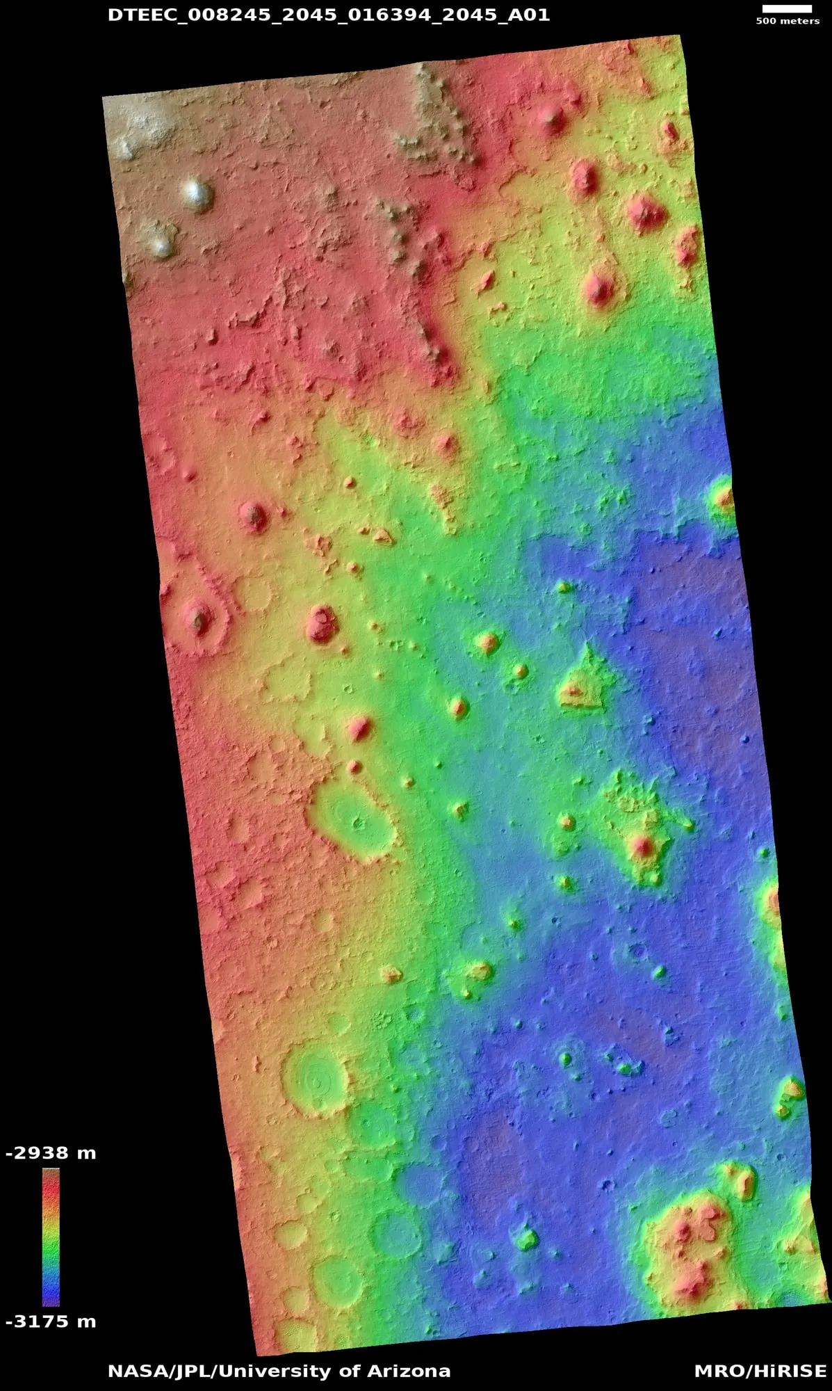 Shaded relief map of Martian terrain from HiRISE