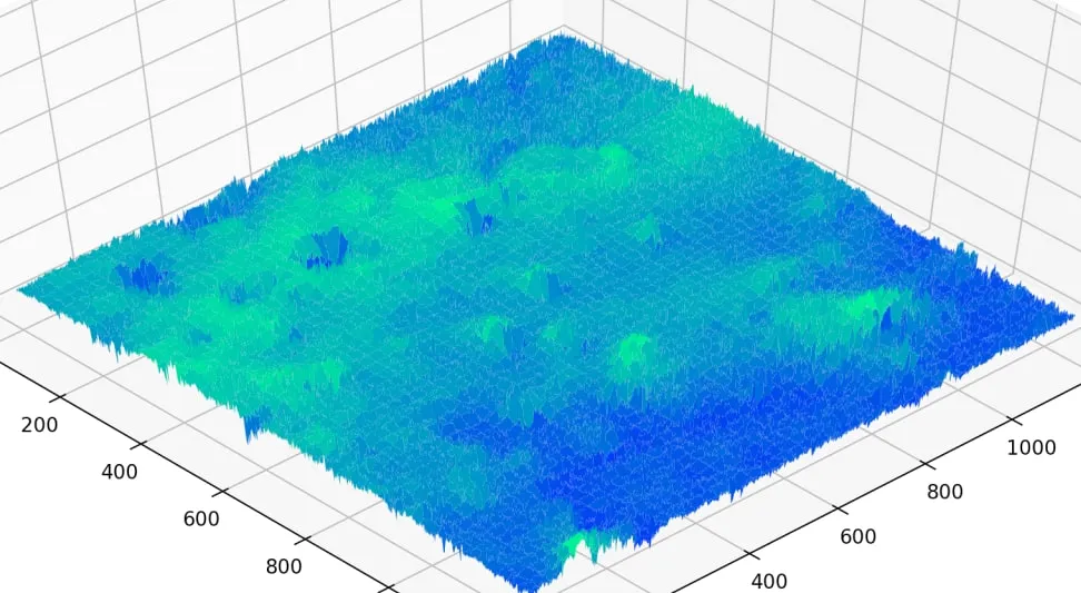 A 3D matplotlib surface plot of generated Martian terrain.
